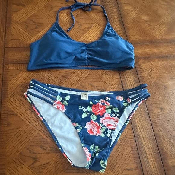 SHEKINI Strappy Halter Bikini Set Floral Printed Two Piece Swimsuits Ruched - Picture 3 of 7